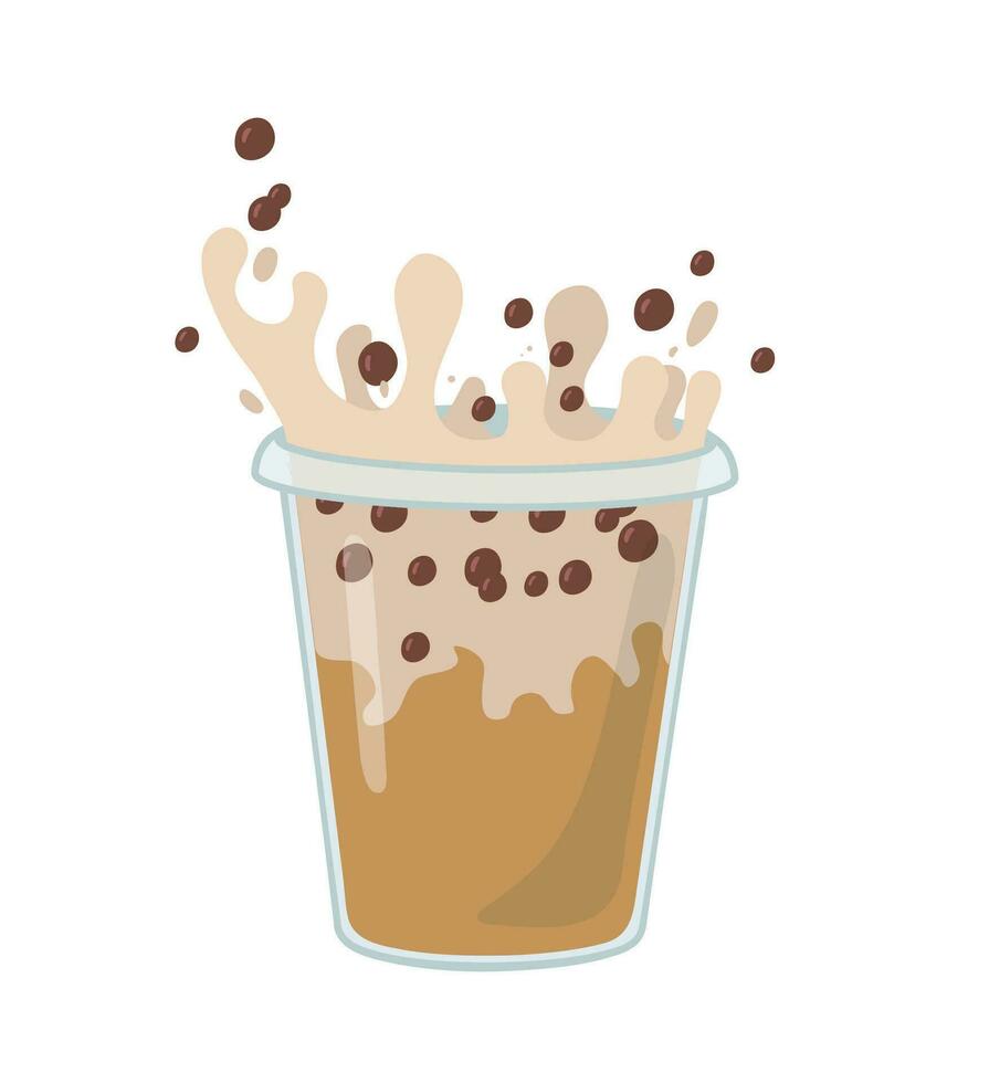 Bubble milk tea with coffee and tapioca pearls. Milkshake with splash vector illustration. Frape cold drink