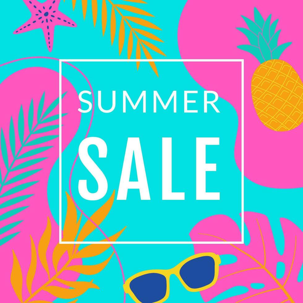 Summer sale banner  with geometry abstract shapes, tropical leaves, sunglasses, pineapple. Poster, flyer, web for shopping. Flat vector illustration. Offer of discounts deals.