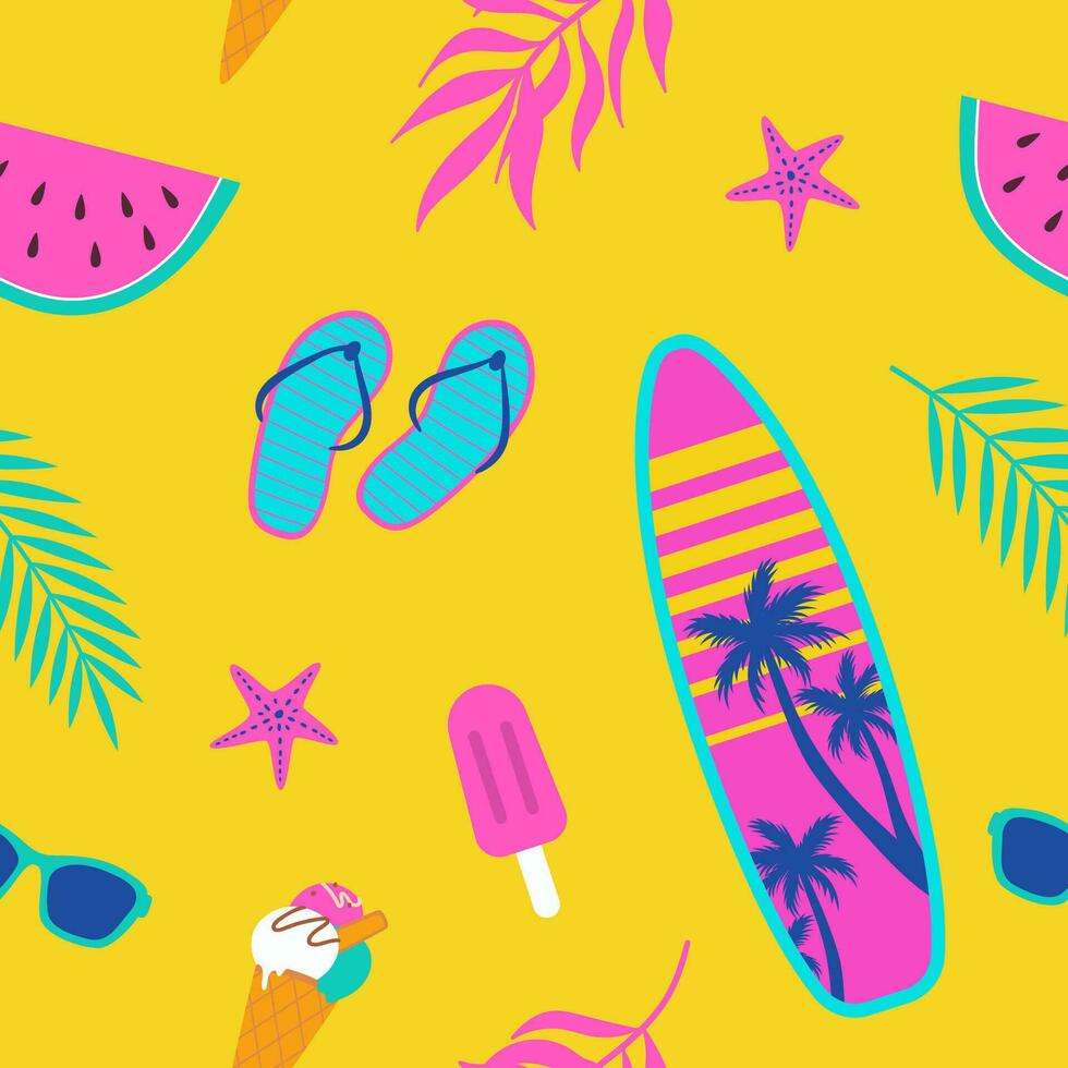 Summer seamless pattern with beach accessory and fruit. Watermelon, sunglasses, ice cream, surfboard, tropical leaves, starfish. Cartoon vector illustration. Fashion, fabric design, wrapping paper.