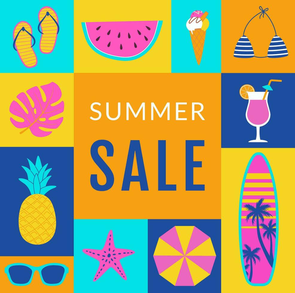 Summer sale poster in geometric style. Summertime elements background, banner, flyers design for web, shop, bar, travel. Surfboard, cocktail, beach umbrella, bikini, starfish. vector
