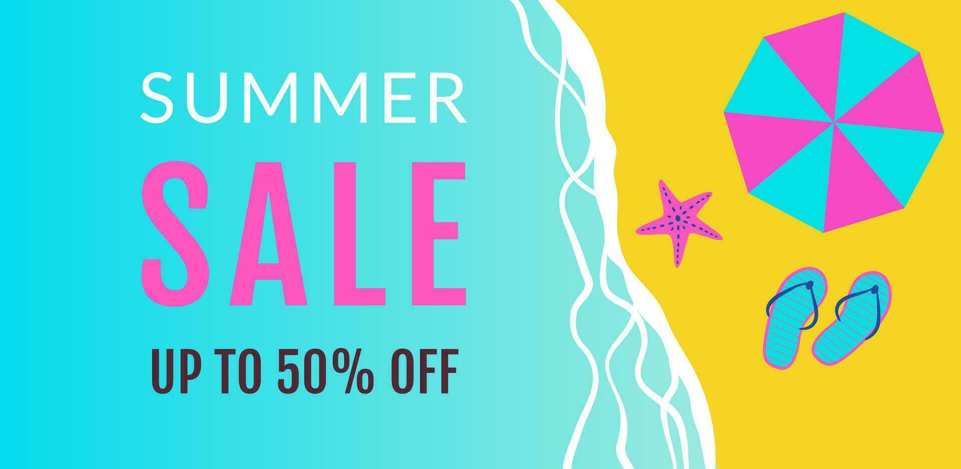 Summer sale background with sea and beach top view. Vector illustration. Online shoping poster, flyer, social media template