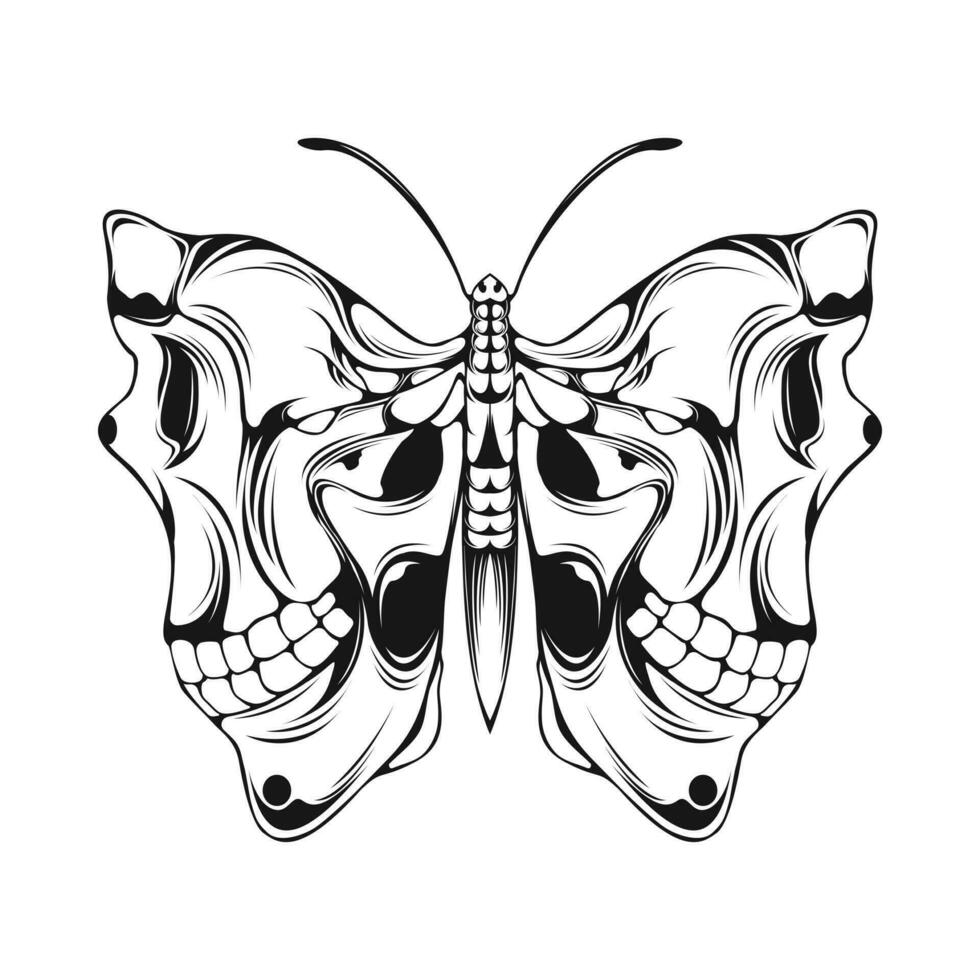 Butterfly and Skull With Wing Lineart Vector Illustration