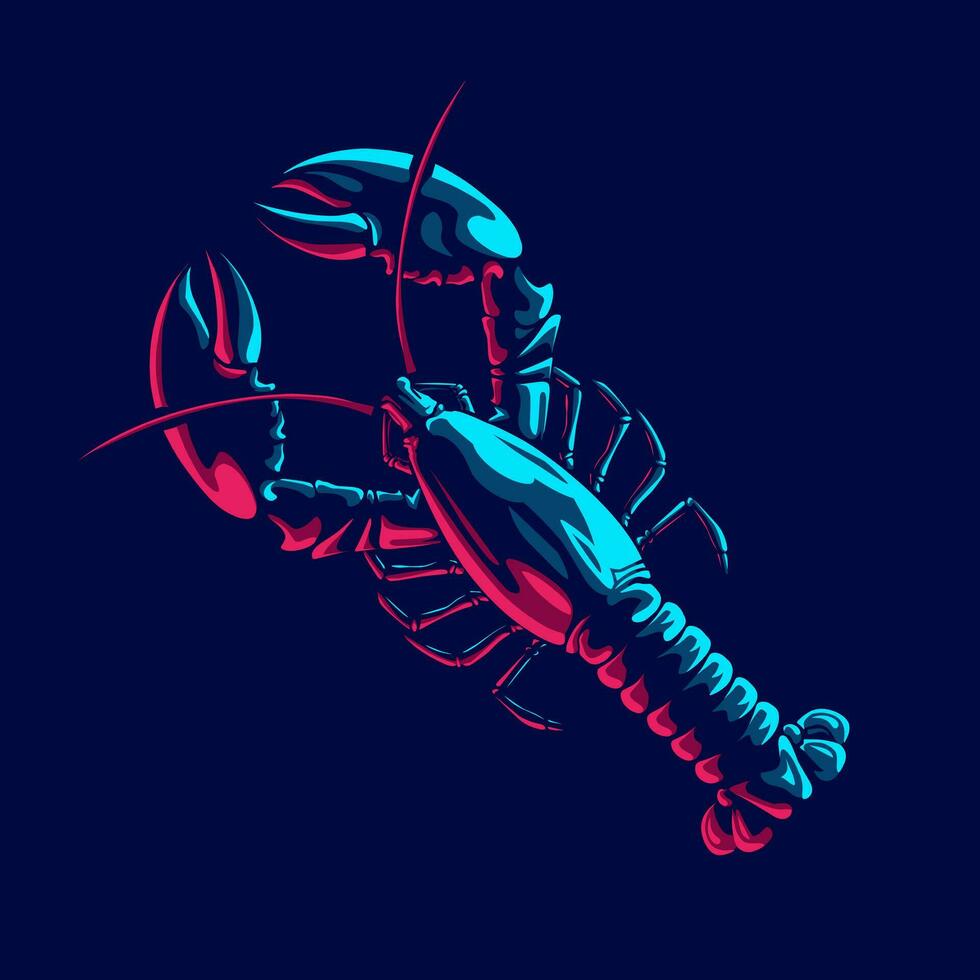 Lobster logo with colorful neon line art design with dark background. Abstract underwater animal vector illustration.