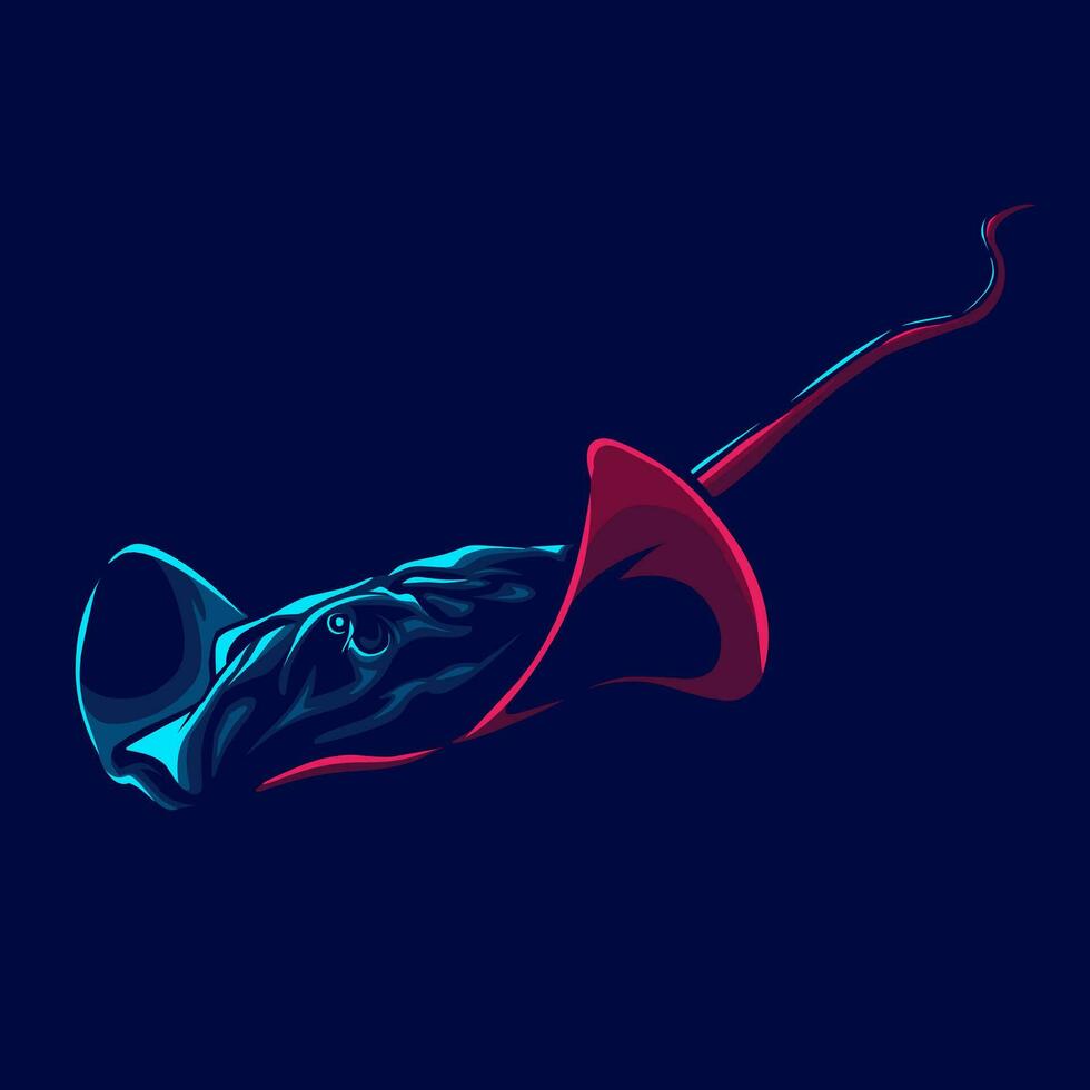 Stingray logo with colorful neon line art design with dark background. Abstract underwater animal vector illustration.