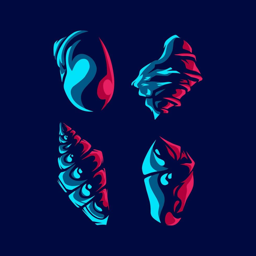 Seashells line neon art logo colorful design with dark background. Abstract mollusk sea shells animal vector illustration. Isolated black background for t-shirt, poster, clothing.