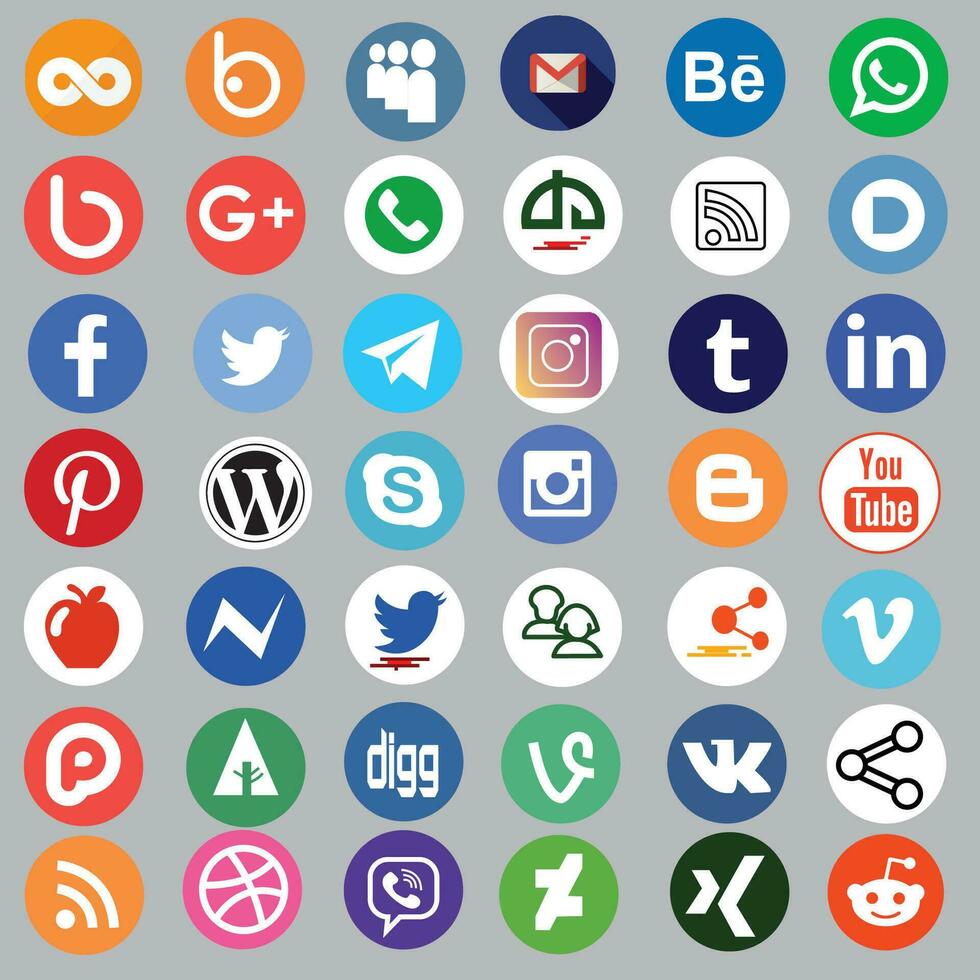 Round social media icons or social network logos flat vector icon set. Icon set of popular social applications with rounded corners. Social media icons modern design. Vector set EPS 10