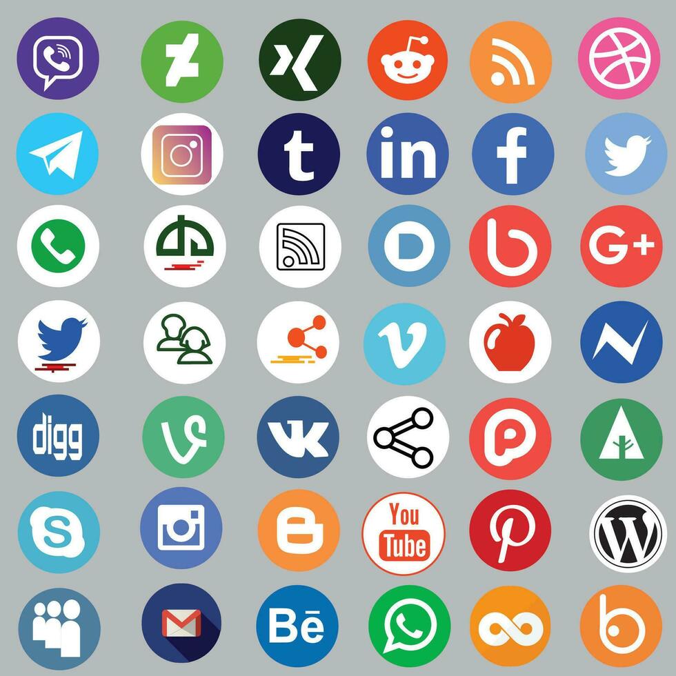 Round social media icons or social network logos flat vector icon set. Icon set of popular social applications with rounded corners. Social media icons modern design. Vector set EPS 10