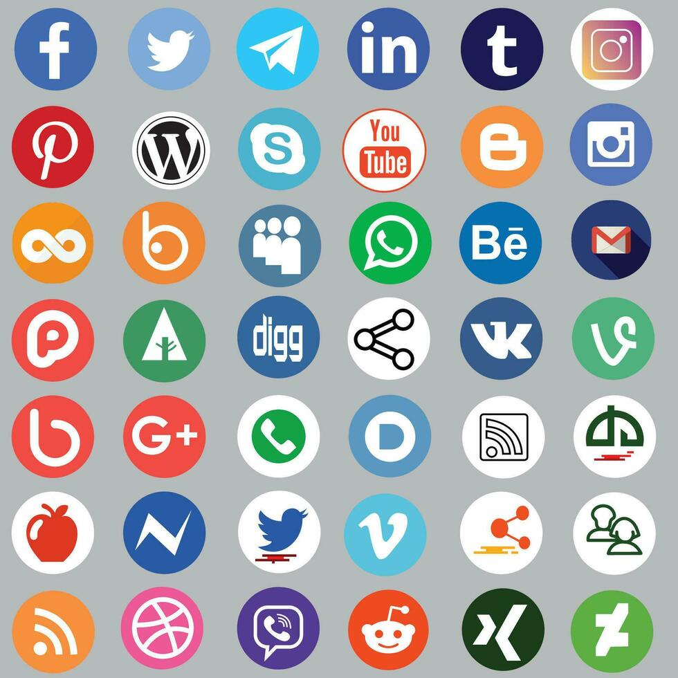 Round social media icons or social network logos flat vector icon set. Icon set of popular social applications with rounded corners. Social media icons modern design. Vector set EPS 10