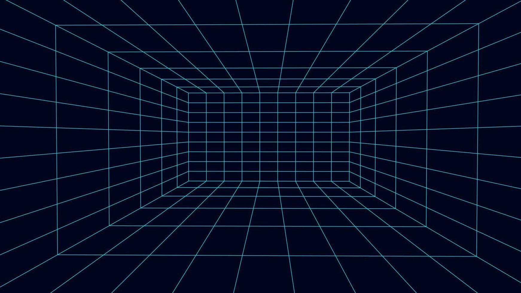 Perspective blue grid on a dark background. Futuristic vector illustration. Virtual reality framework. Background in the style of the 80s.
