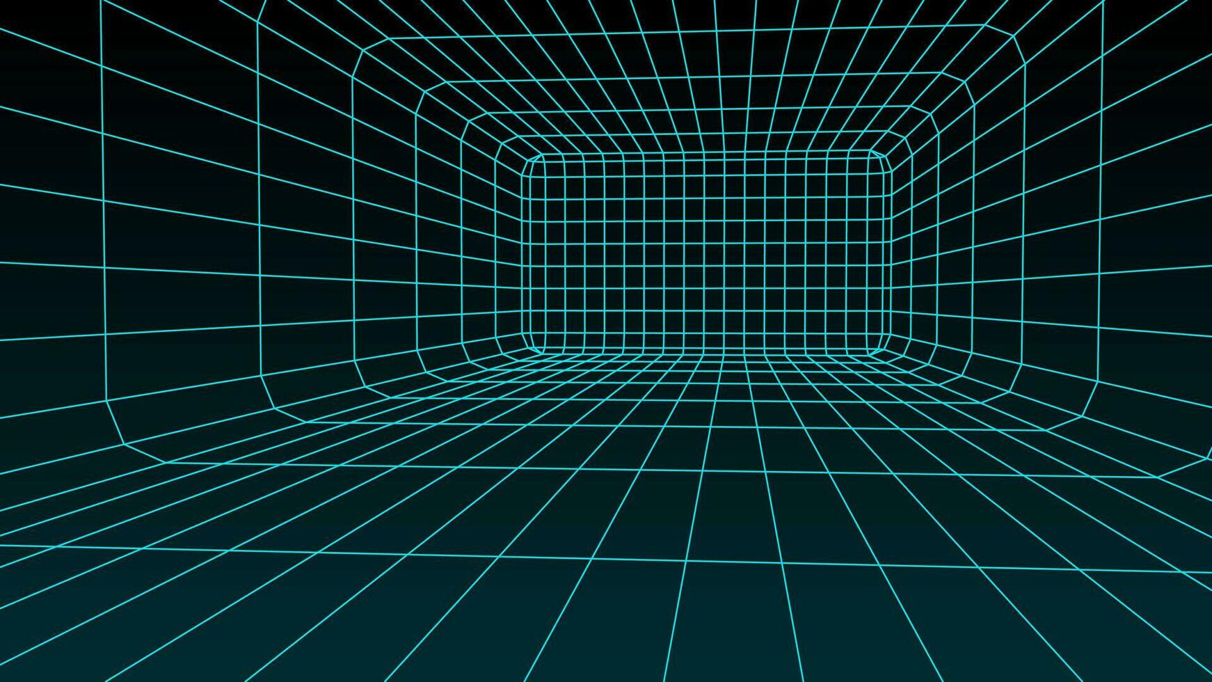 An abstract tunnel with a blue mesh structure. 3D grid of tunnels and corridors. Vector wormhole.