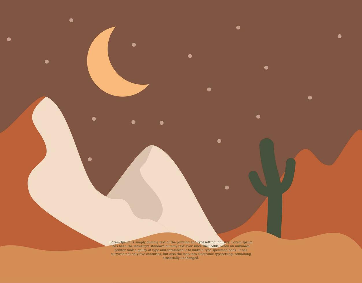 ilustración de un minimalista paisaje con un horizontal ver de un montaña, Luna y cactus, adecuado para pared Arte etc. plano diseño estilo. digital dibujo vector