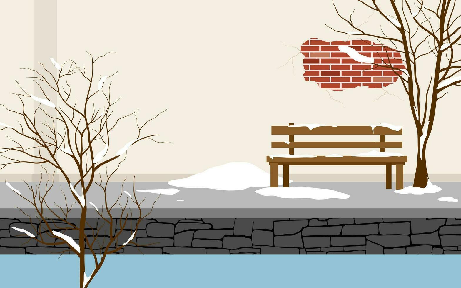 winter in the town illustration, wooden bench and tree with snow vector