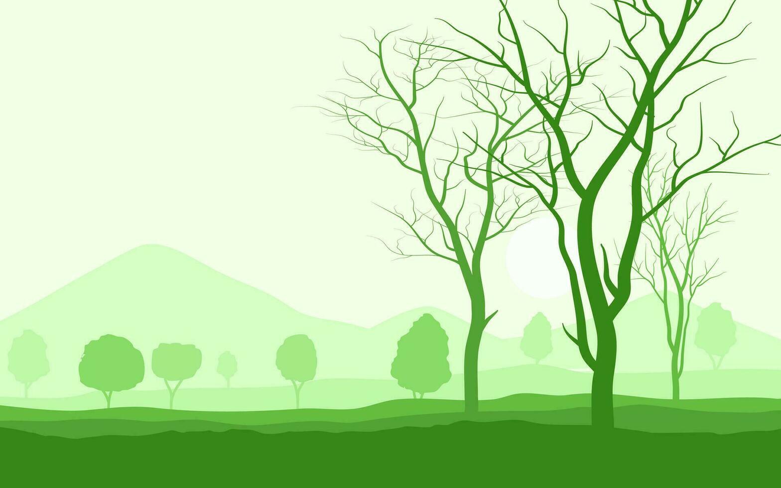 Green Landscape Background, Deciduous Tree on The Field with Mountain Scene vector