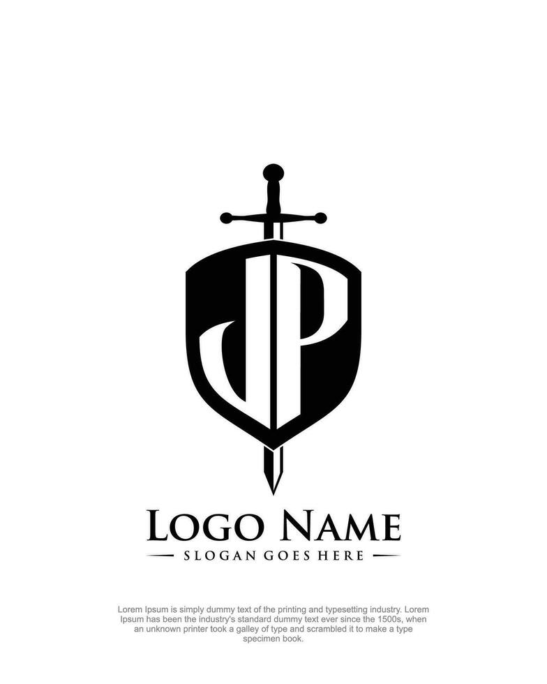 initial JP letter with shield style logo template vector