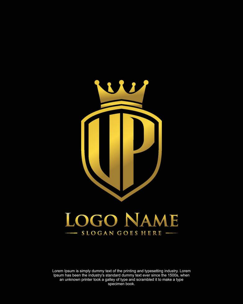 initial UP letter with shield style logo template vector