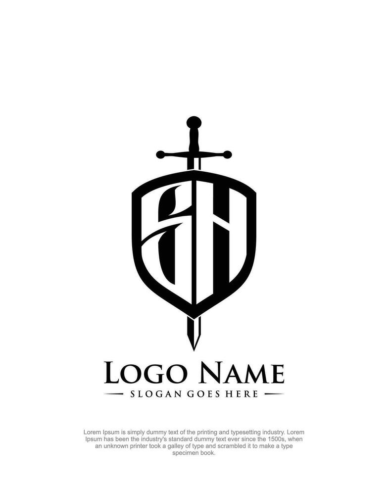 initial SH letter with shield style logo template vector