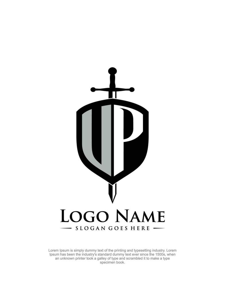 initial UP letter with shield style logo template vector