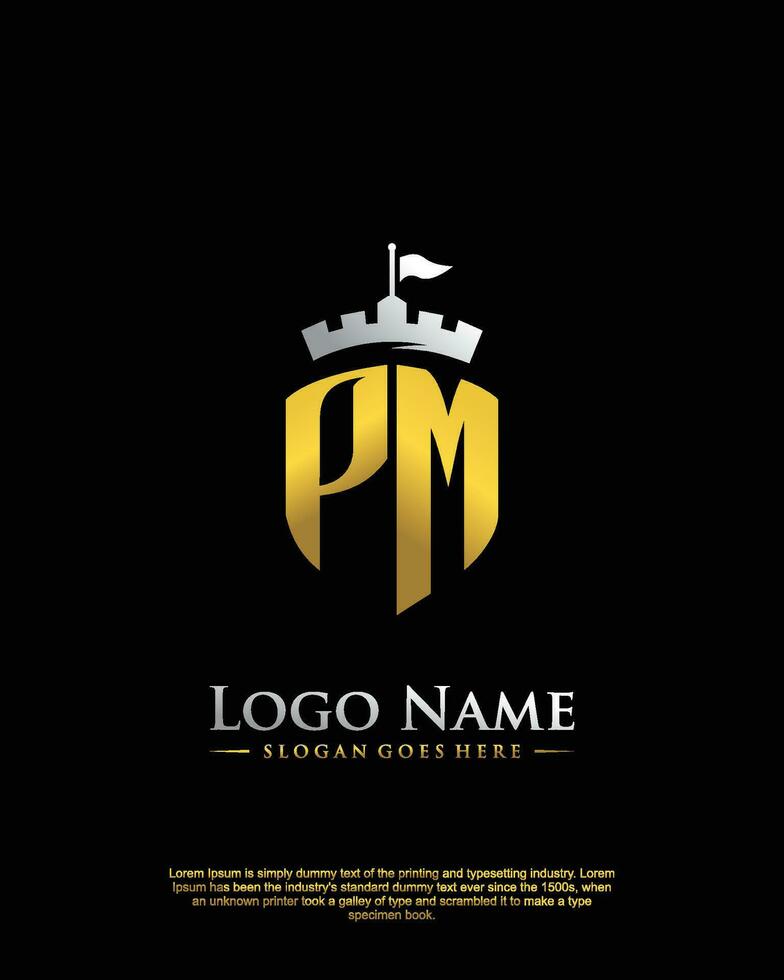 initial PM letter with shield style logo template vector