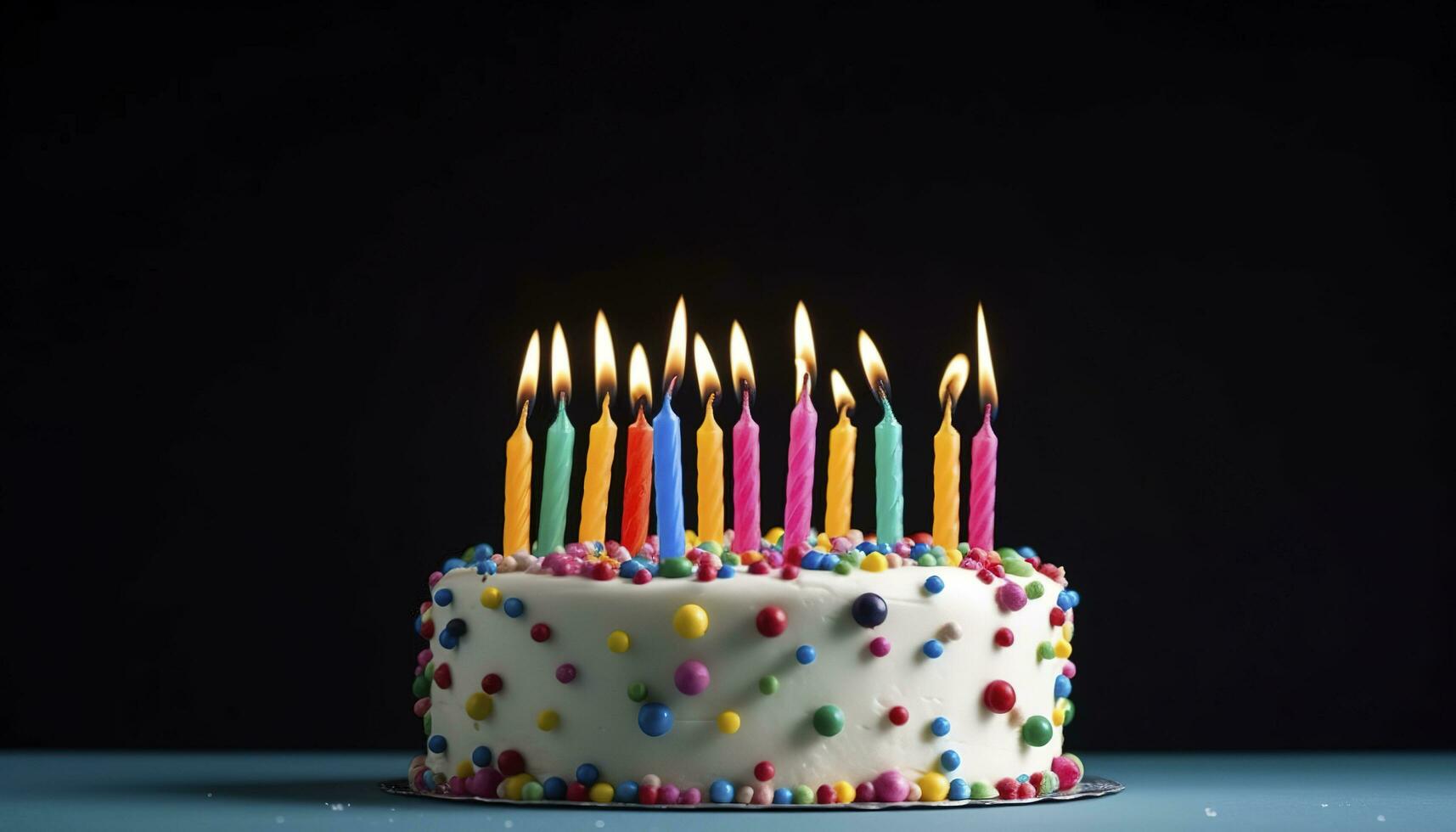 Celebration birthday cake with twenty one colorful birthday candles, generate ai photo