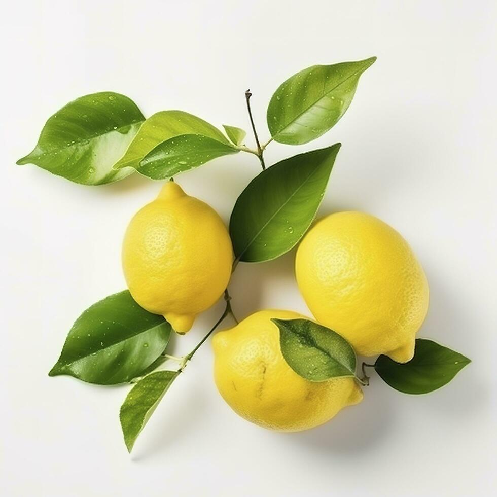 Branch of juicy lemons with leaves isolated on white background, generate ai photo