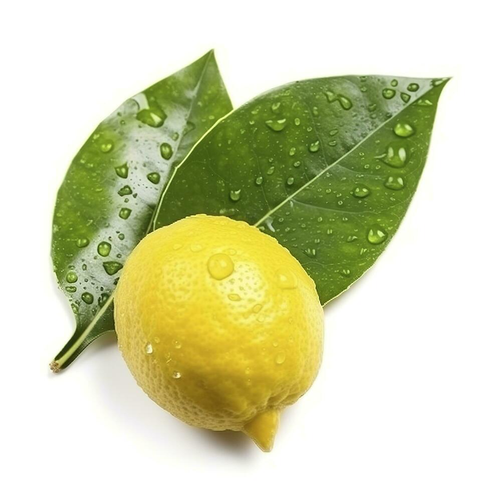 Citrus Lemon leaf with water drops isolated on white background, generate ai photo