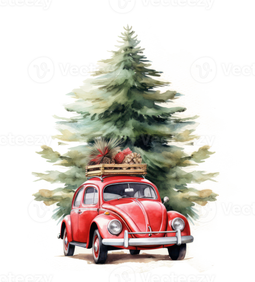 Cute Christmas watercolor retro car isolated. Illustration AI Generative png