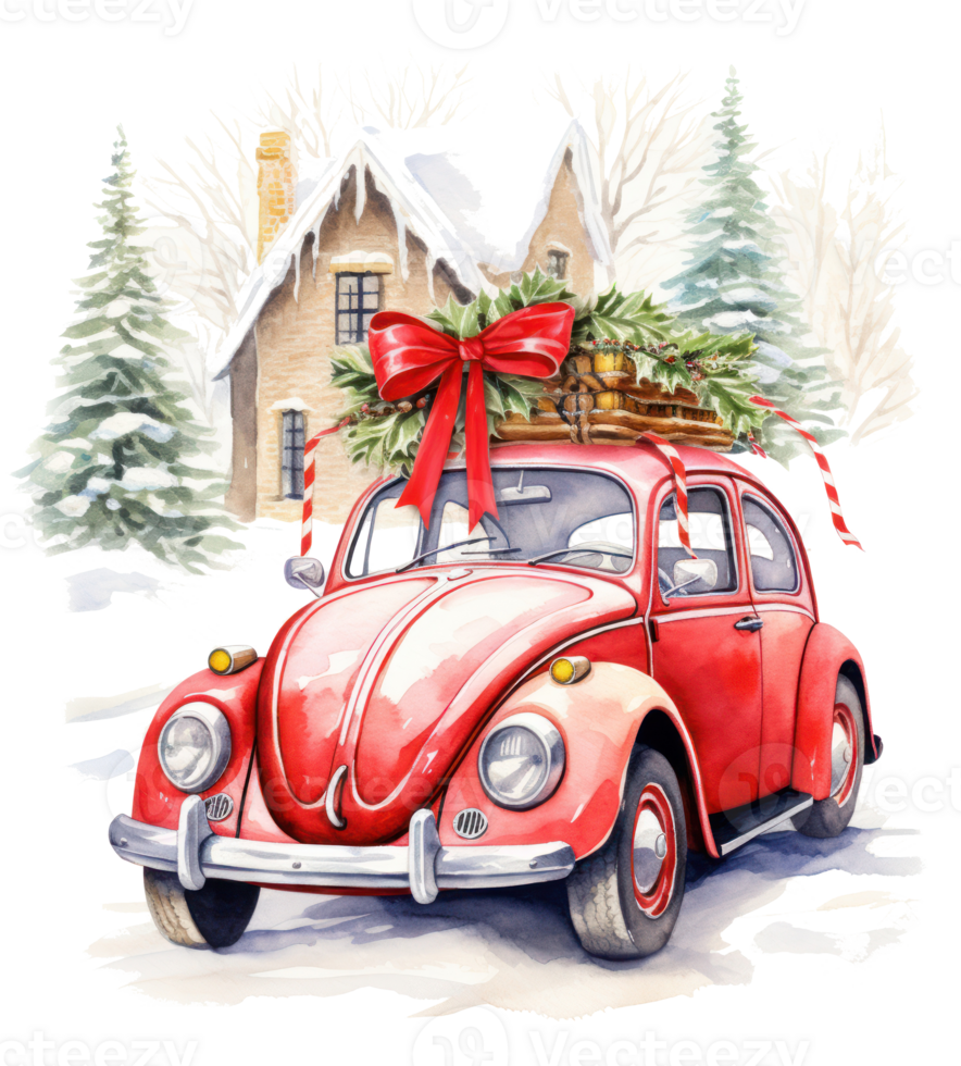 Cute Christmas watercolor retro car isolated. Illustration AI Generative png