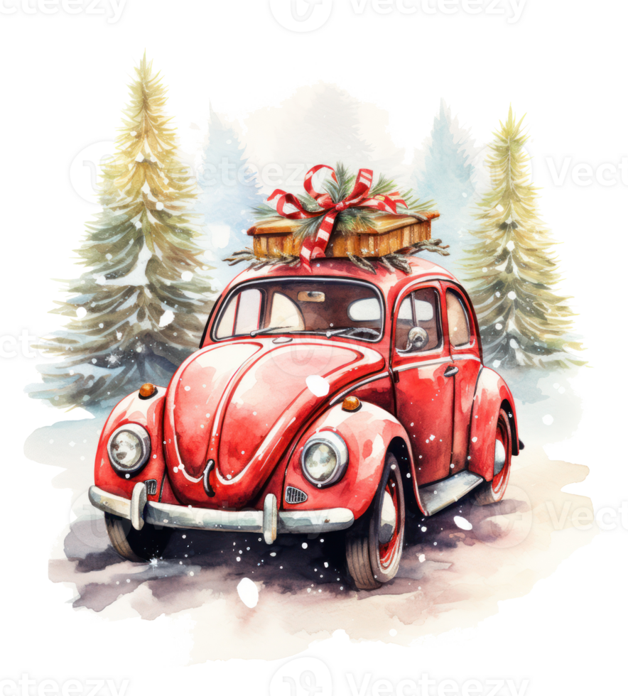 Cute Christmas watercolor retro car isolated. Illustration png