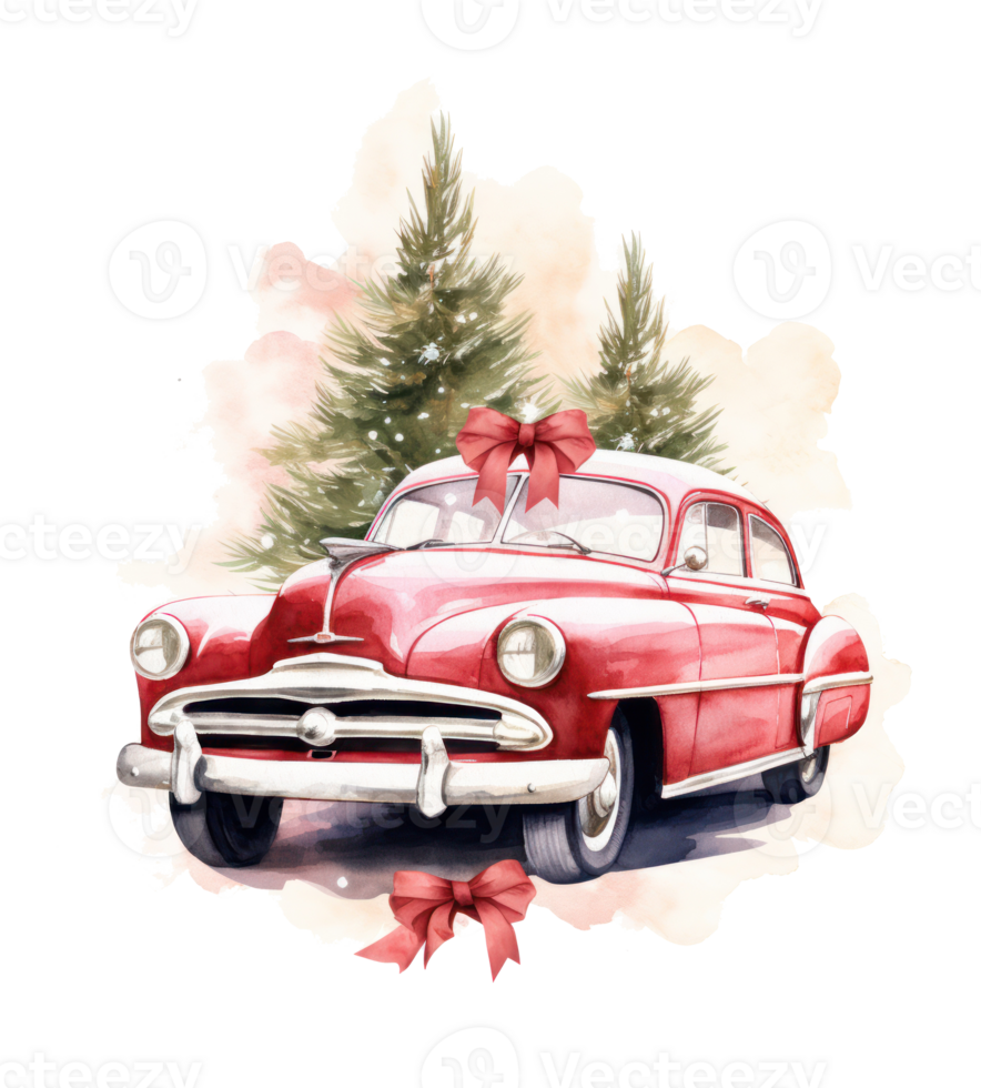 Cute Christmas watercolor retro car isolated. Illustration png