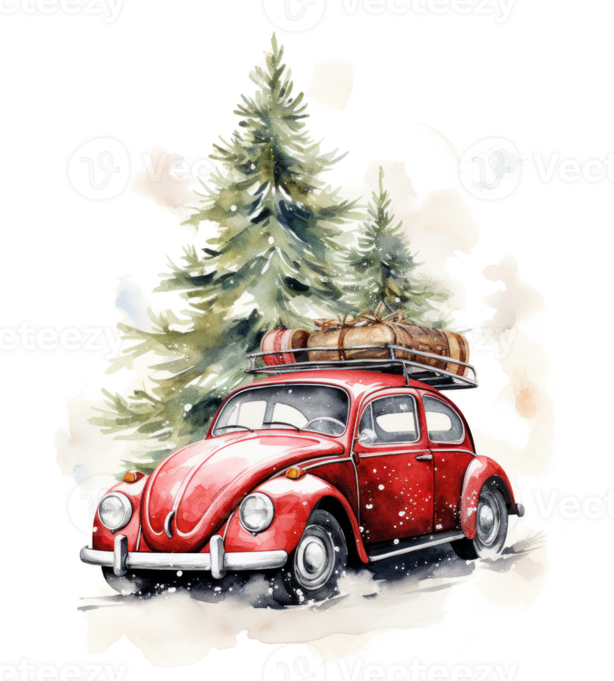 Cute Christmas watercolor retro car isolated. Illustration png