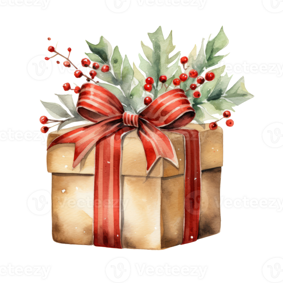 Christmas watercolor gift box. Illustration png