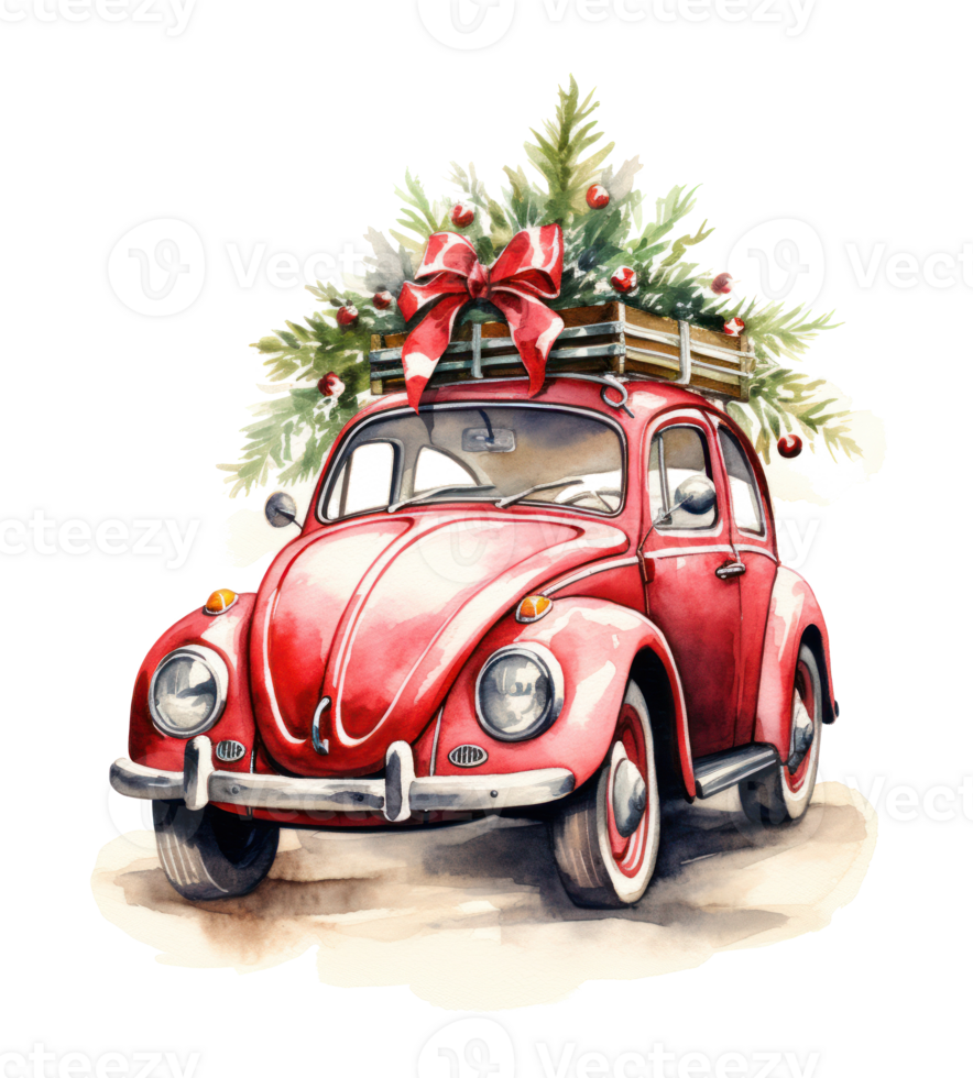 Cute Christmas watercolor retro car isolated. Illustration AI Generative png