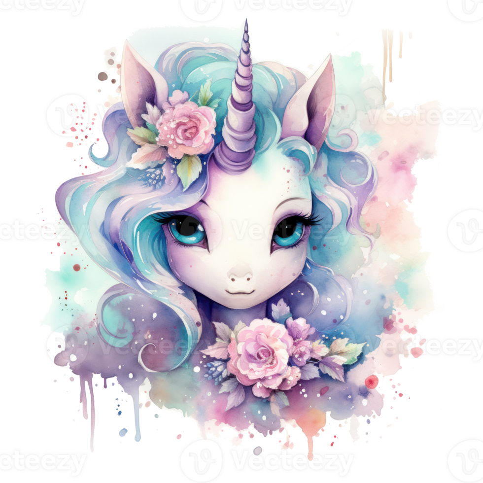 Cute watercolor unicorn. Illustration AI Generative png