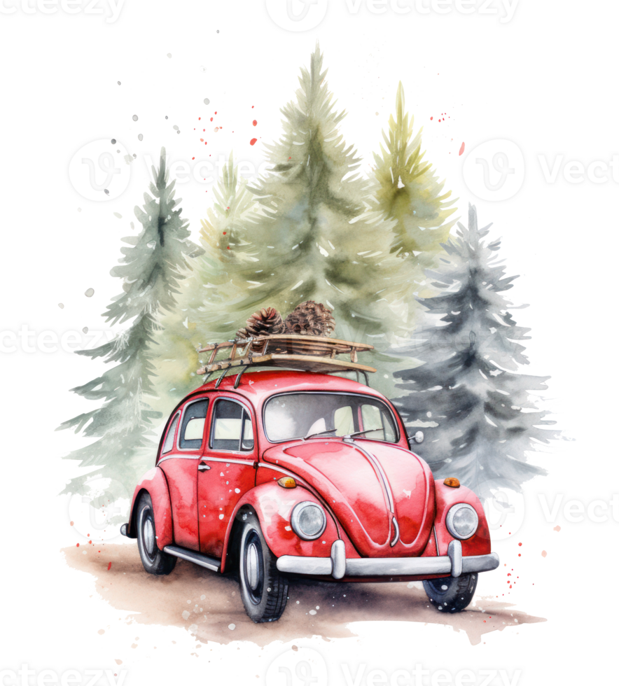 Cute Christmas watercolor retro car isolated. Illustration png