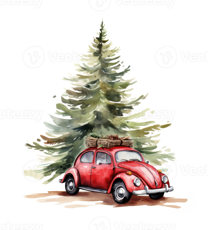 Cute Christmas watercolor retro car isolated. Illustration AI Generative png