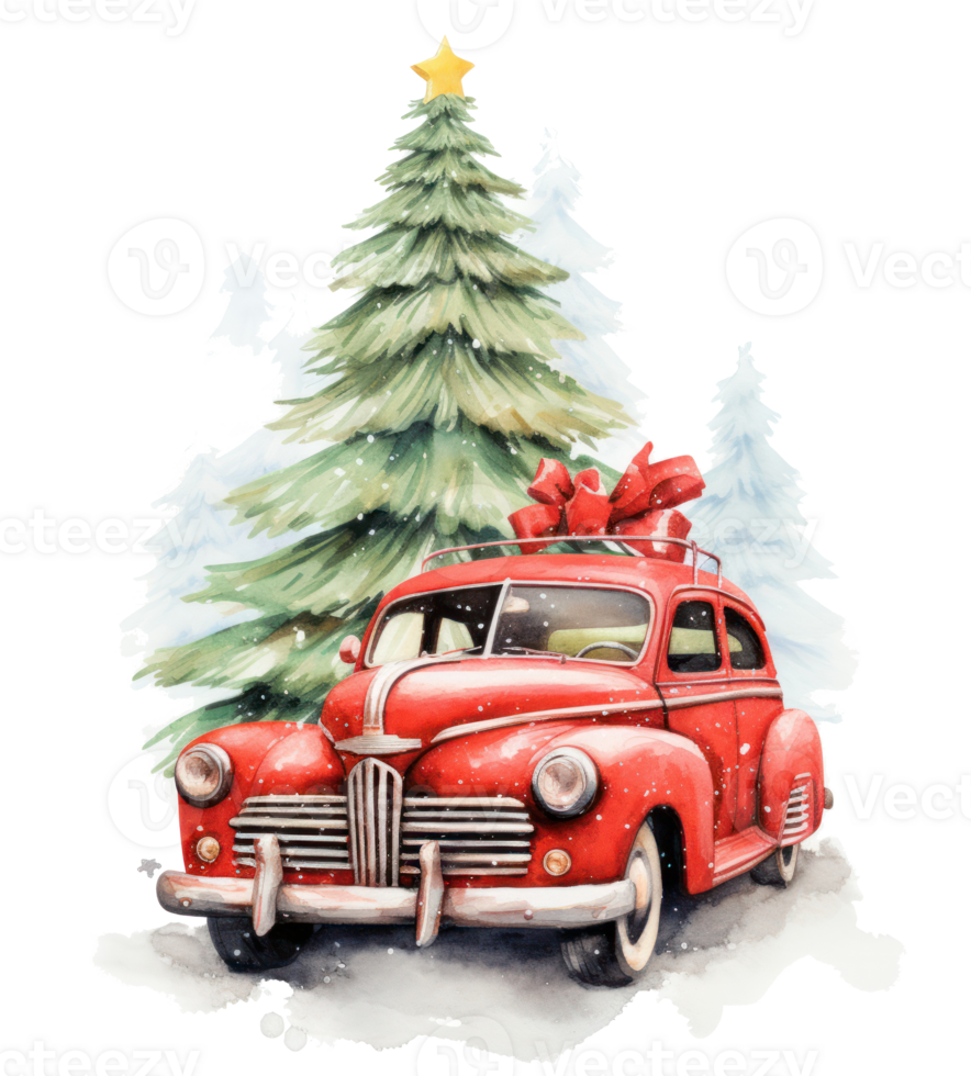 Cute Christmas watercolor retro car isolated. Illustration png