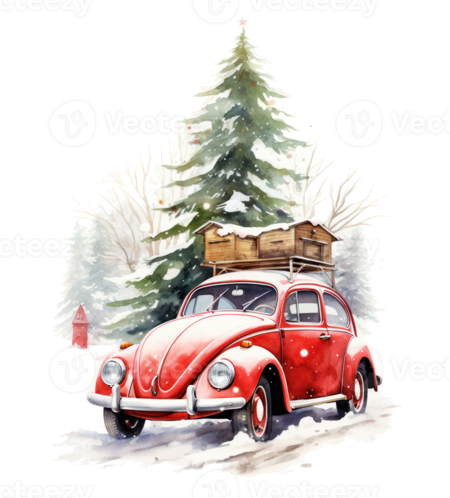 Cute Christmas watercolor retro car isolated. Illustration png
