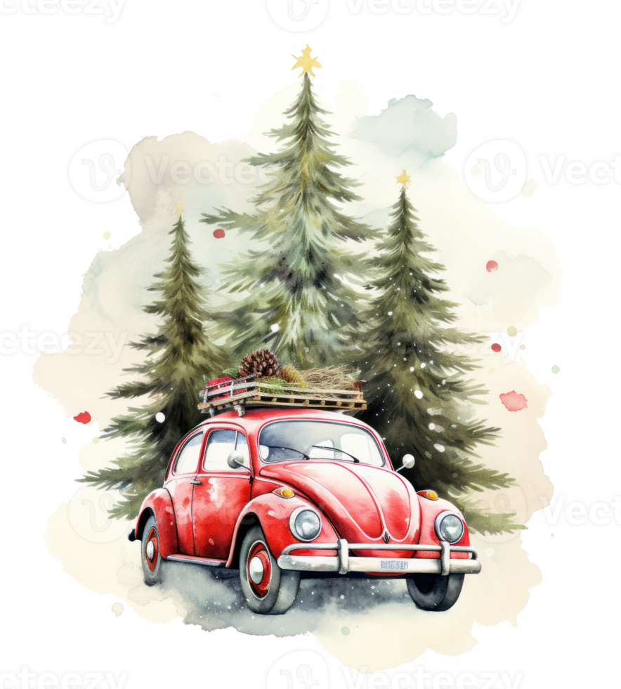 Cute Christmas watercolor retro car isolated. Illustration AI Generative png