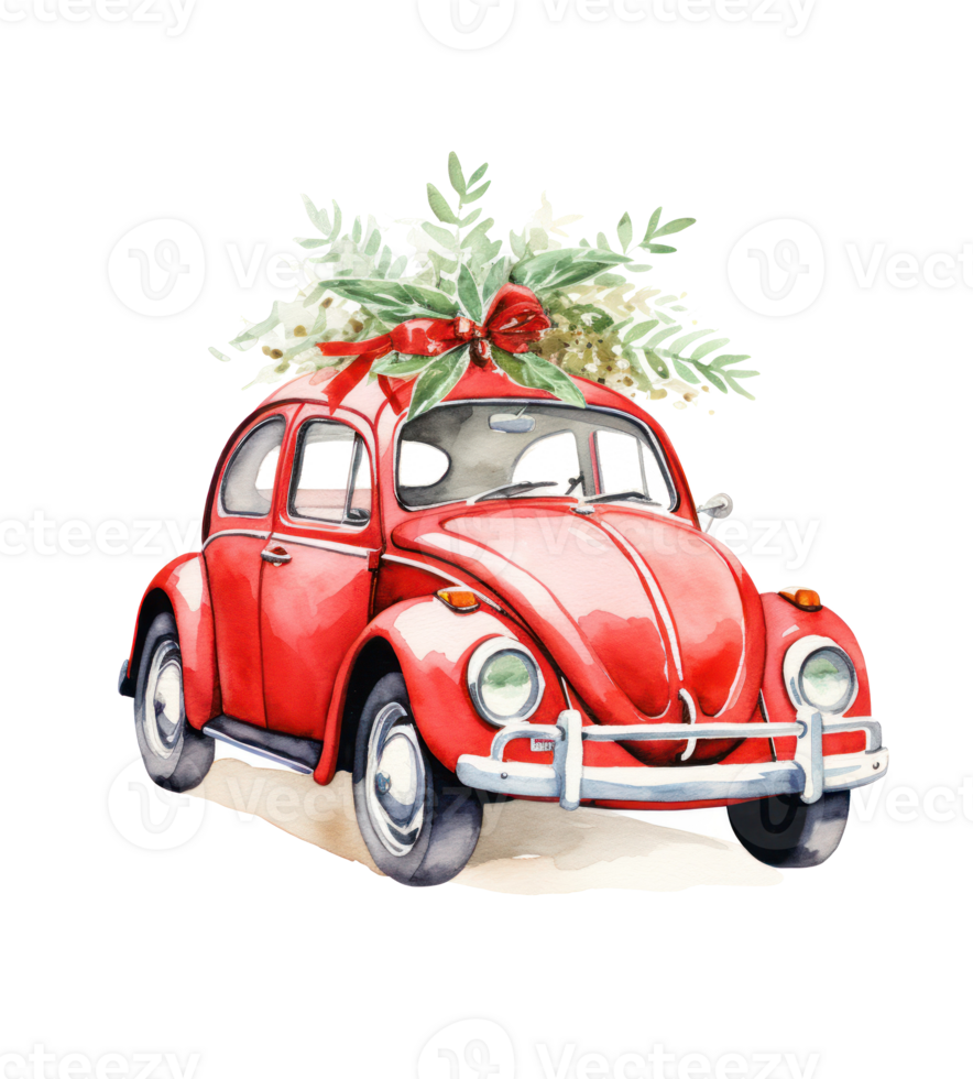 Cute Christmas watercolor retro car isolated. Illustration AI Generative png