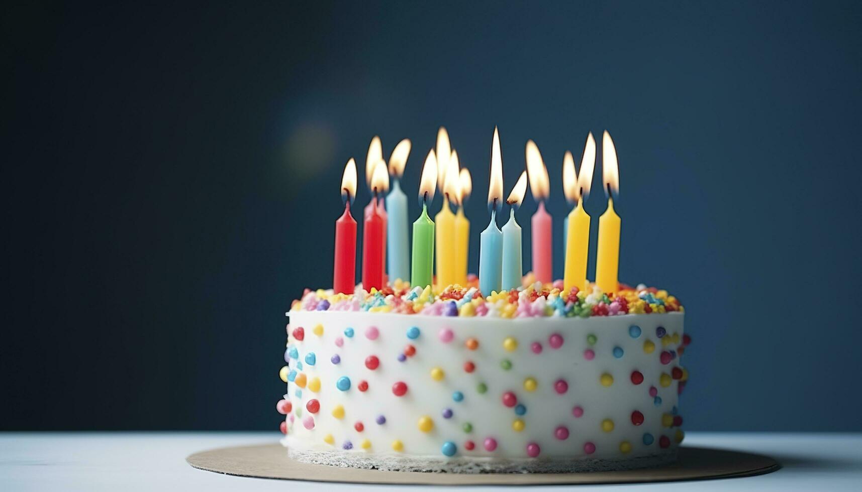 Celebration birthday cake with twenty one colorful birthday candles, generate ai photo