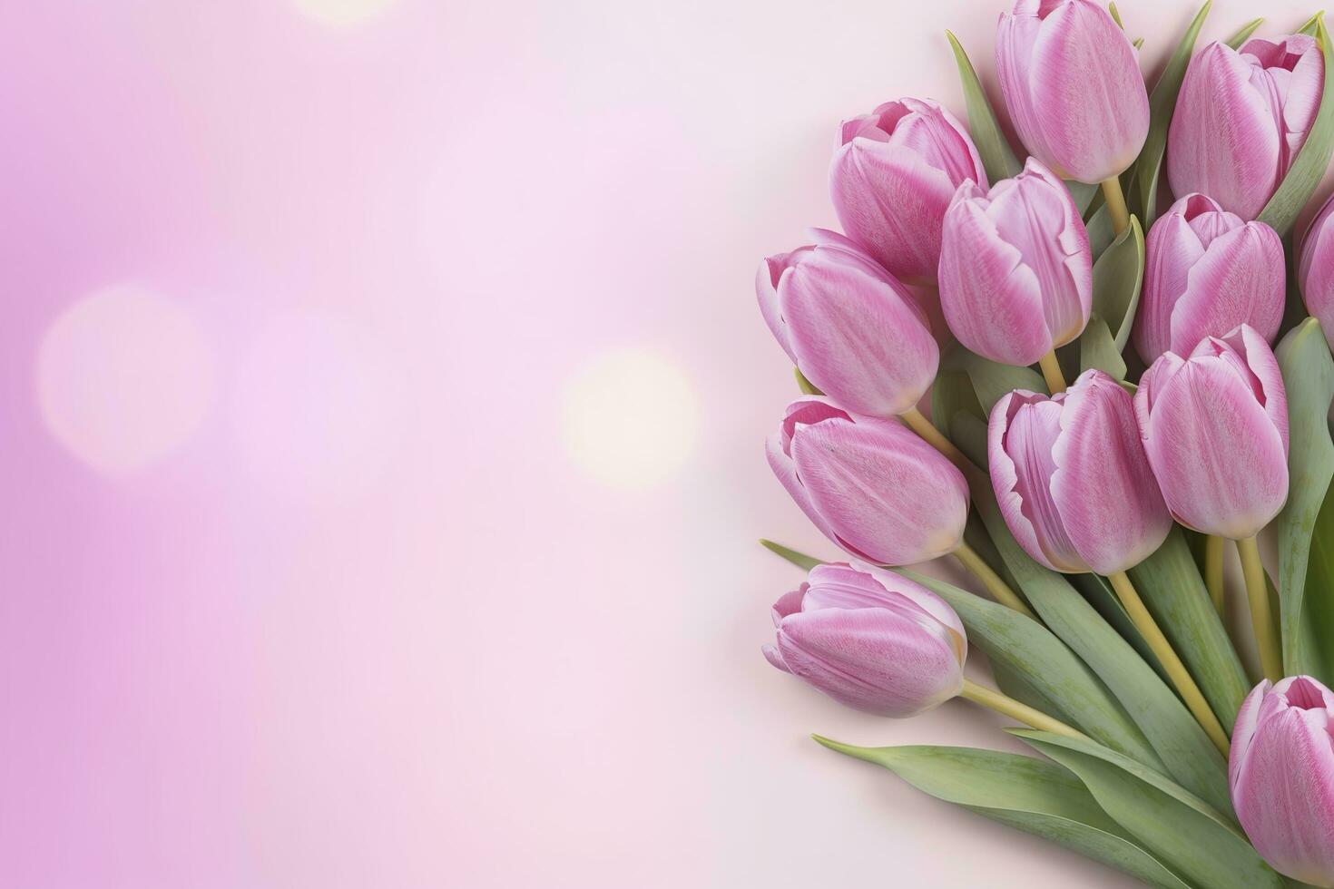 Wooden pink background with fresh spring tulips and empty copy space heart shape decoration made of wood , generate ai photo