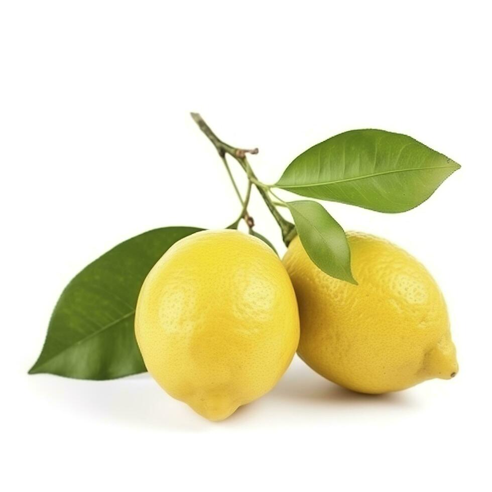 Branch of juicy lemons with leaves isolated on white background, generate ai photo
