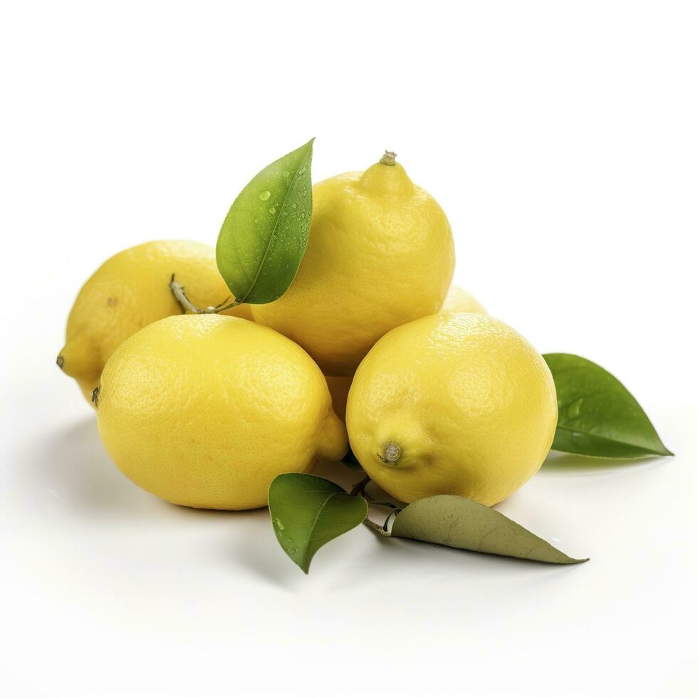 Branch of juicy lemons with leaves isolated on white background, generate ai photo