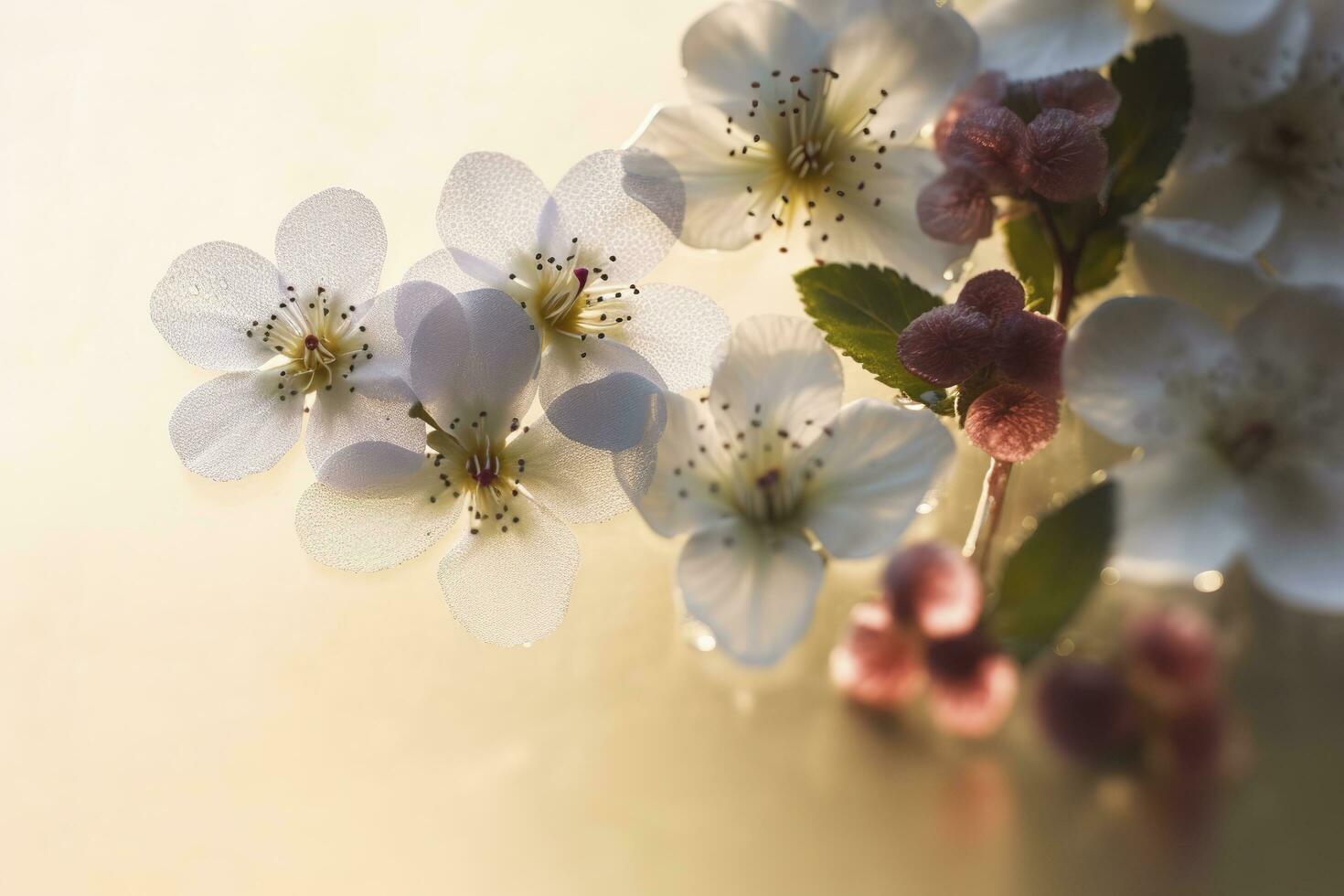 Beautiful spring border, blooming rose bush. Flowering rose hips against on wall. Soft selective focus, generate ai photo
