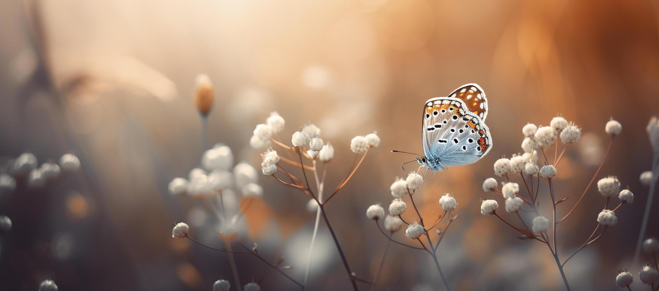 campo de margaritas en dorado rayos de el ajuste Dom en primavera verano naturaleza con un naranja mariposa al aire libre, ai generado foto