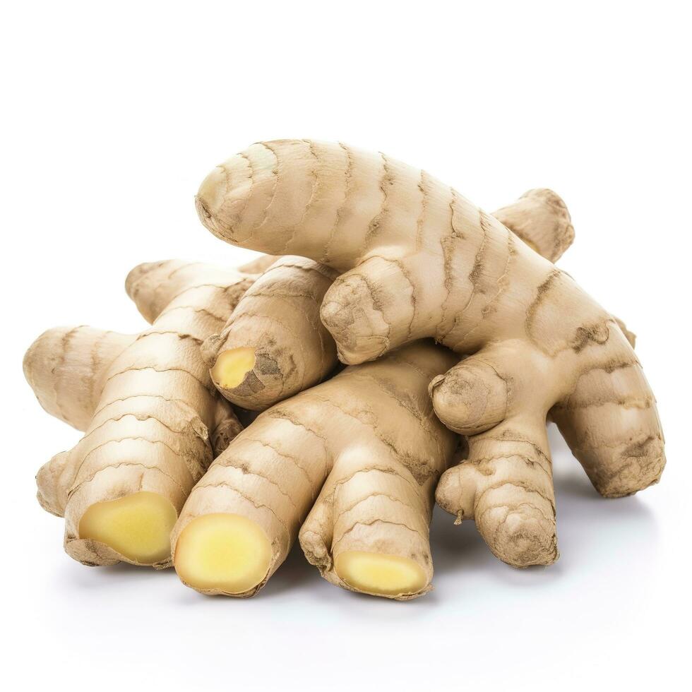 Fresh ginger root or rhizome isolated on white background cutout, generate ai photo