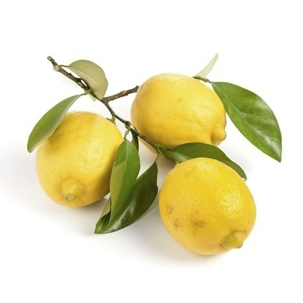 Branch of juicy lemons with leaves isolated on white background, generate ai photo