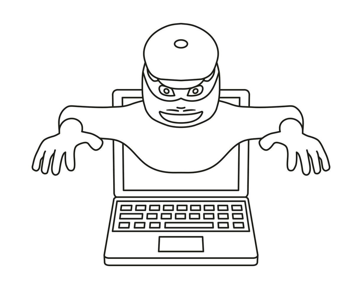 A thief comes out of a laptop in outline. vector