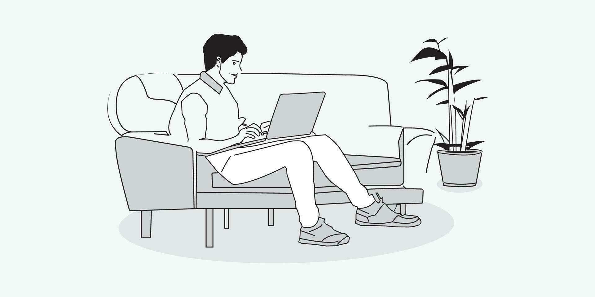 vector lineal Arte de un hombre trabajando en ordenador portátil sentado en sofá