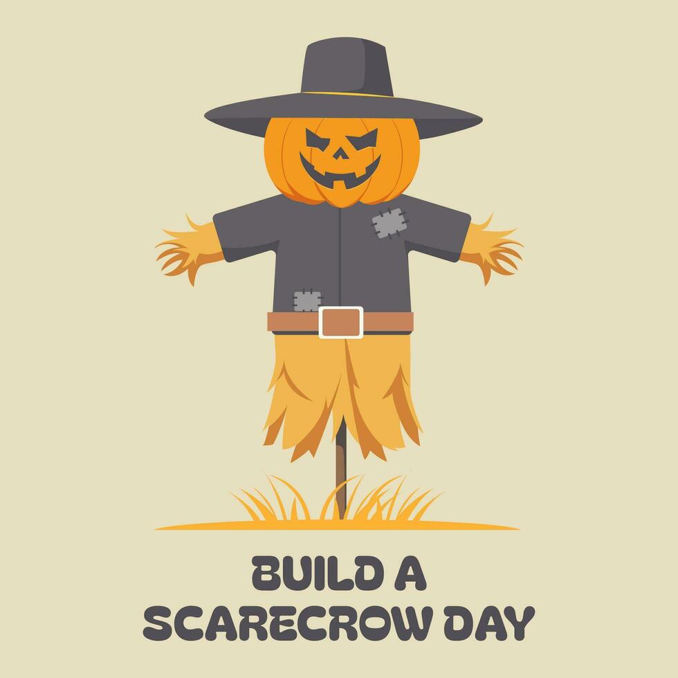 Scarecrow with pumpkin head wearing cowboy cap isolated vector illustration for Build a Scarecrow Day